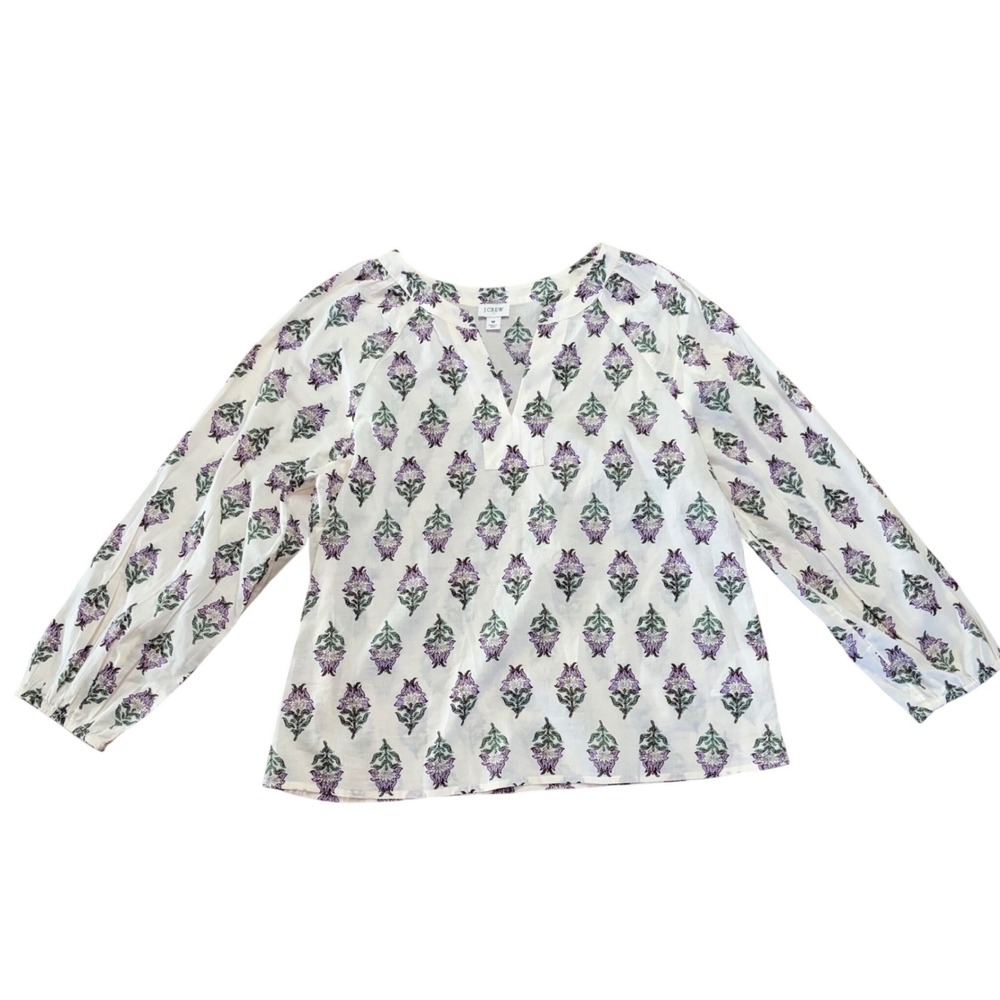 J Crew Floral 100% Cotton Split Neck Blouse Purple White Womens Size M Fall boho